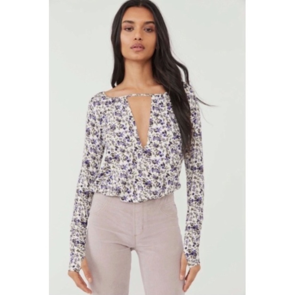 Free People Intimately Kaya Print Cutout Bodysuit in Ivory- Bohochic Size Large